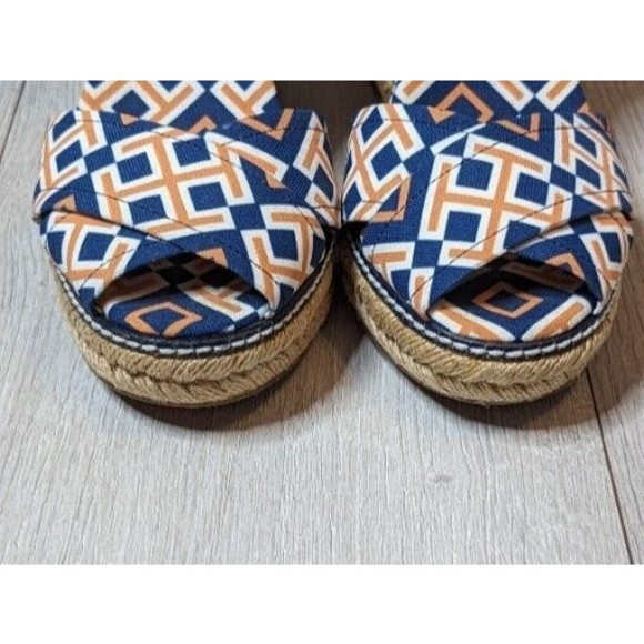 TORY BURCH Orange Blue Canvas Leather Espadrille Criss Cross Strappy Wedge Heels - Picture 2 of 12
